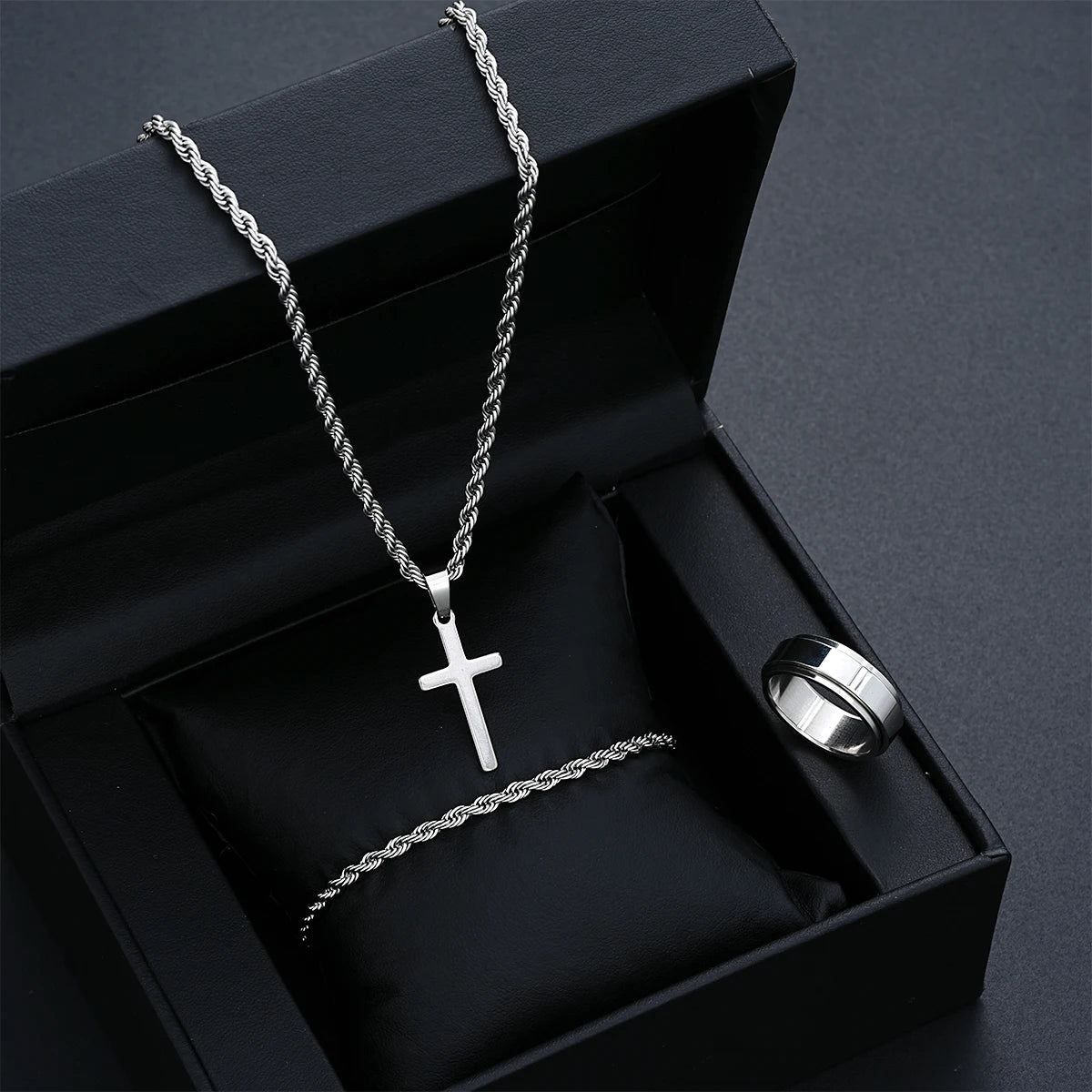 Edelstahl Einfache Schmuck-Set Für Männer Frauen Mode Silber Farbe Kreuz Anhänger Twisted Seil Halskette Armbänder Ring Geschenke