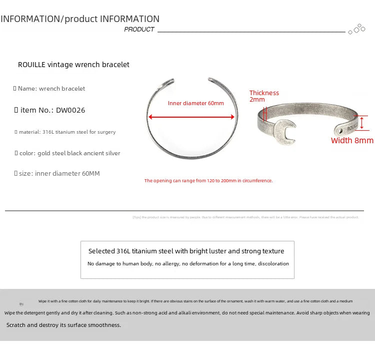 Rouille Vintage mechanisch gravierte Schraubens chl üssel Armband trend ige Marke Titan Stahl offenes Design Herren Damen schmuck