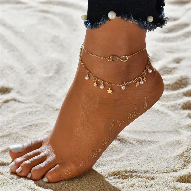 Modyle 2024 Neue Böhmen Handschellen Fußkettchen Multilayer Silber Farbe Fuß Kette Fashion Ankle Armband Für Frauen Strand Schmuck