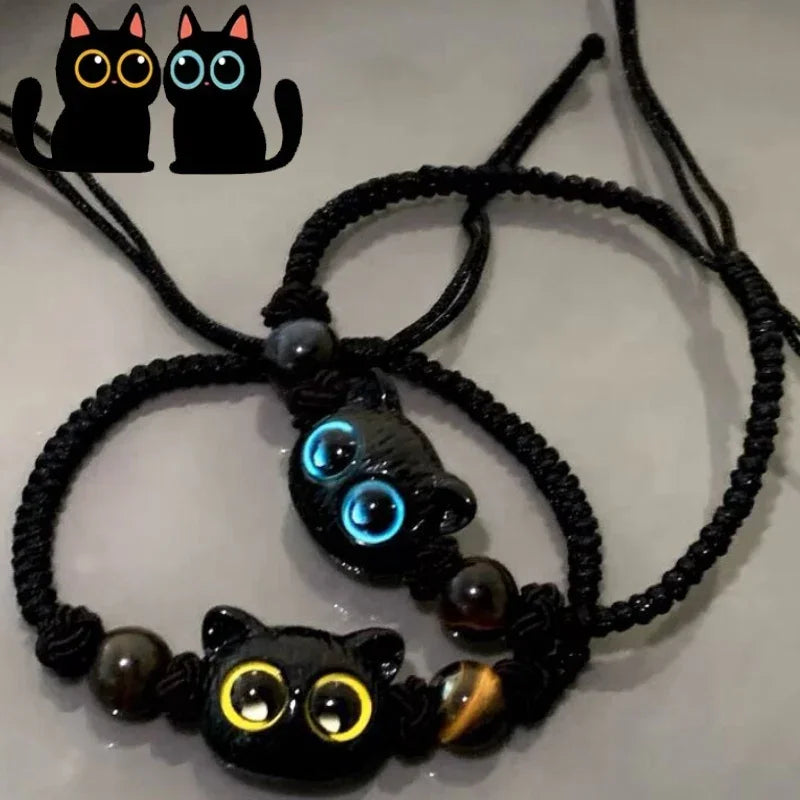 1/2 stücke Nette Natürliche Stein Schwarze Katze Armband Frauen Männer Mode Cartoon Tier Perlen Armbänder Handgemachte Mode Schmuck Geschenke