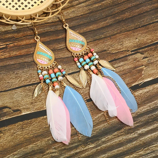 Bohemian Bunte Feder Quaste Ohrringe Für Frauen Ethnische Perlen Tropfen Aussage Hängende Ohrringe Mädchen Mode Schmuck Geschenk