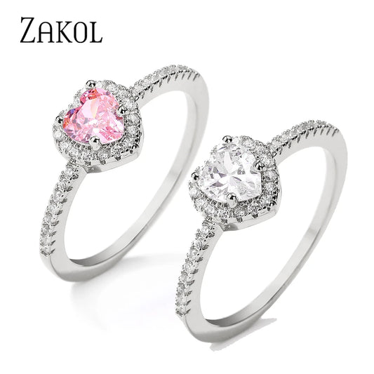 ZAKOL Exquisiter klarer rosa Zirkon-Herz-Verlobungsring für Frauen, Charm, glänzend, AAA-CZ-Ehering, Schmuck, Geschenk