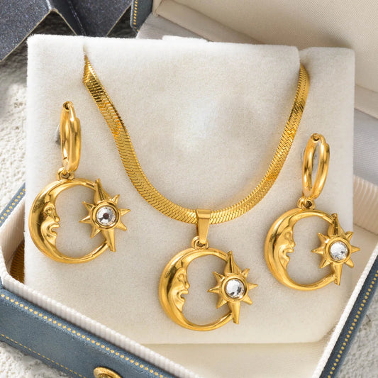 Trend Mond Sterne Hohl Anhänger Edelstahl Halskette Ohrringe Set Für Frauen Fashion Party 18K Gold-Überzogene Schmuck Set geschenk