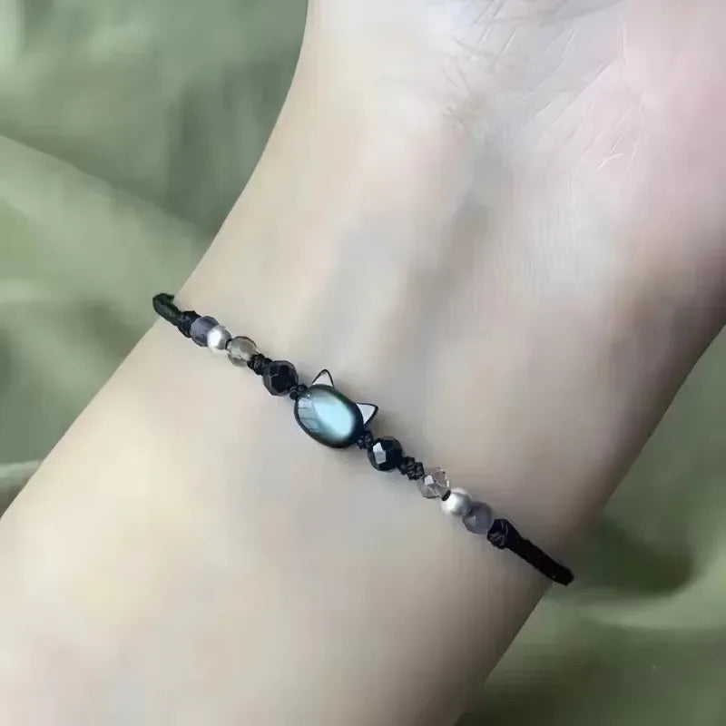 2 stücke natürliche Mondstein Obsidian Armbänder Paar minimalist ischen Armband handgemachte süße schwarze weiße Katze Armband Party Schmuck Geschenke