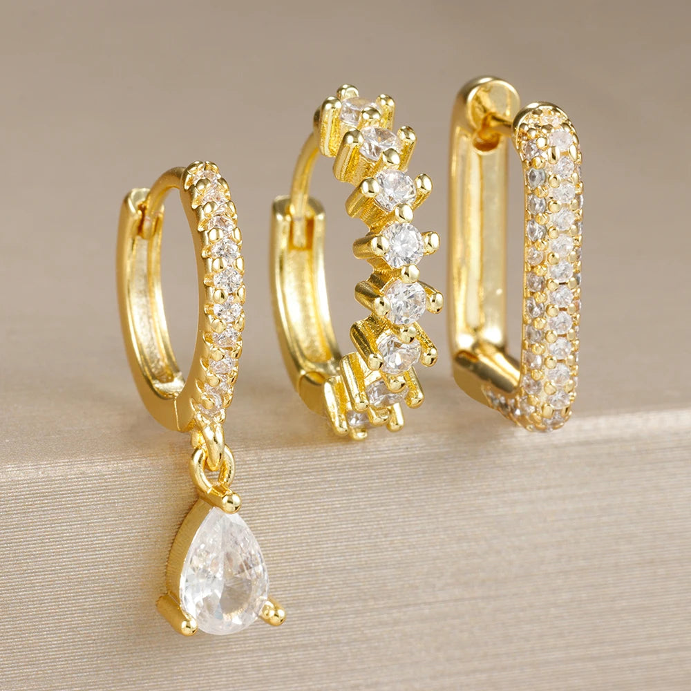 3PCS Mode Zirkonia Wasser Tropfen Anhänger Ohrring Set für Frauen Edelstahl Runde U-form Hoop Ohrring Piercing schmuck