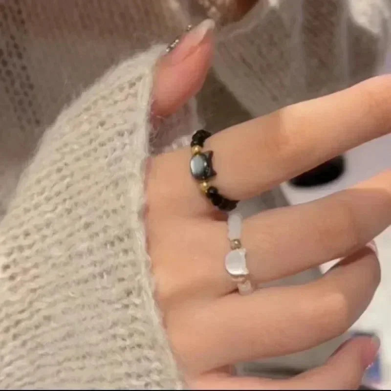 2 stücke natürliche Mondstein Obsidian Ringe Perlen minimalist ischen Zappel ring niedlichen schwarzen weißen Katzen ring Frauen Männer Party Zubehör Schmuck
