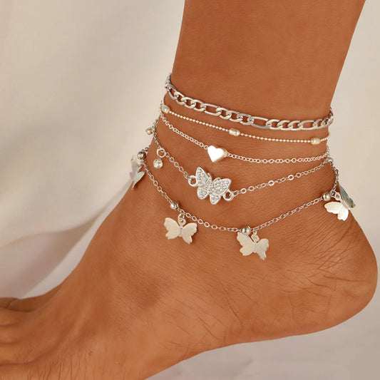 Punk Vintage Böhmischen Gold Farbe Fußkettchen für Frauen Mädchen Schlüssel Herz Schmetterling Bein Knöchel Fußkettchen Armband Strand Weibliche Schmuck Geschenk