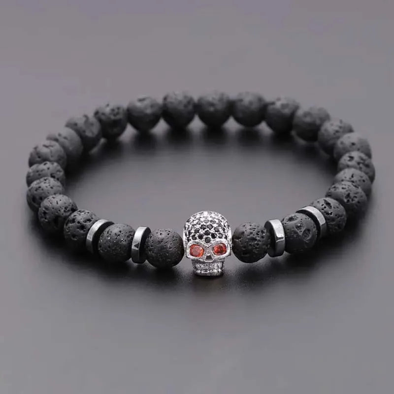 Schwarzes Auge Totenkopf Hämatit Perlenarmband Männer klassische handgemachte 8mm Lavastein Charm Armband für Männer Schmuck Geschenk