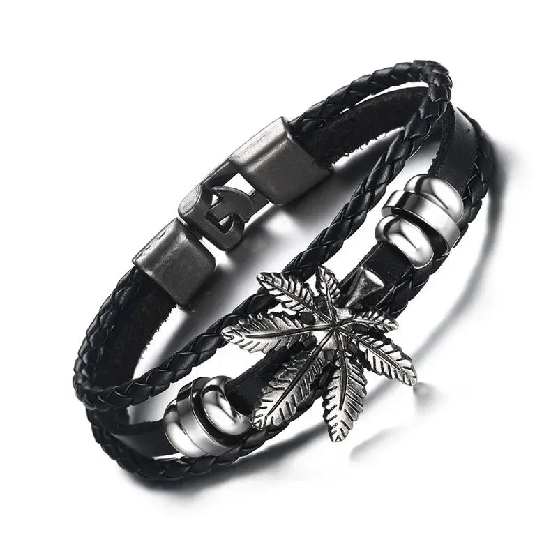 Neue Mode Punk Leder Widerstehen Müdigkeit Armband für Männer Vintage Blatt Form Charme Armreifen Geschenk für Mann Großhandel Groß