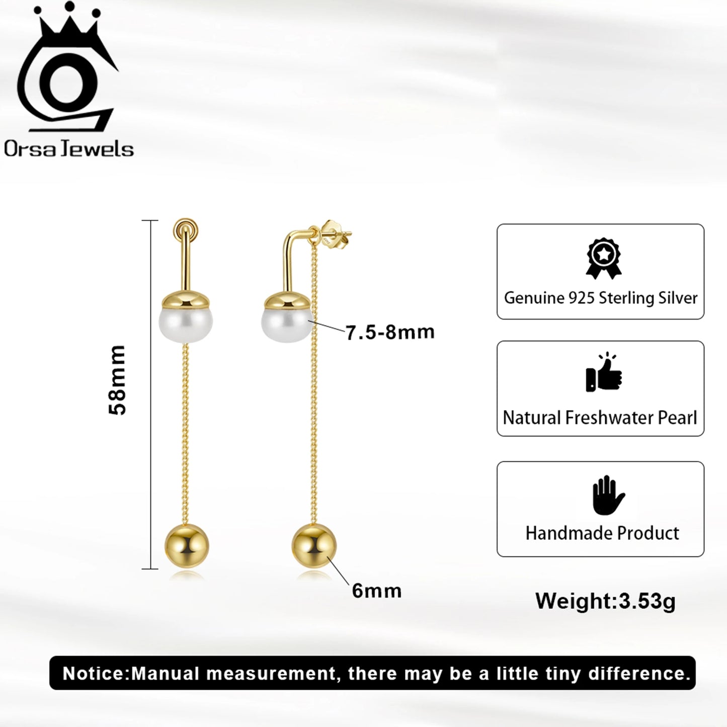 ORSA JEWELS Ohrhänger aus 925er-Sterlingsilber, natürliche Süßwasserperle, Strang und Perlen, Kugelornament, Quasten-Stil, Geschenk GPE 124