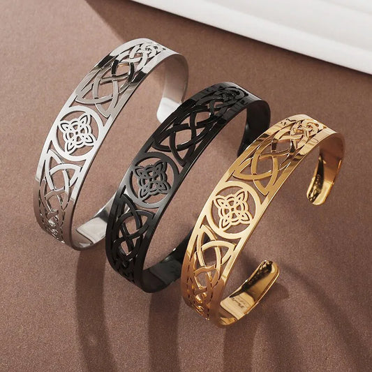Hexenknoten-Manschettenarmband aus Edelstahl, heidnisches Hexerei-Symbol, magischer Knoten, viel Glück, Amulett, Armreifen, keltischer Knoten, Schmuck