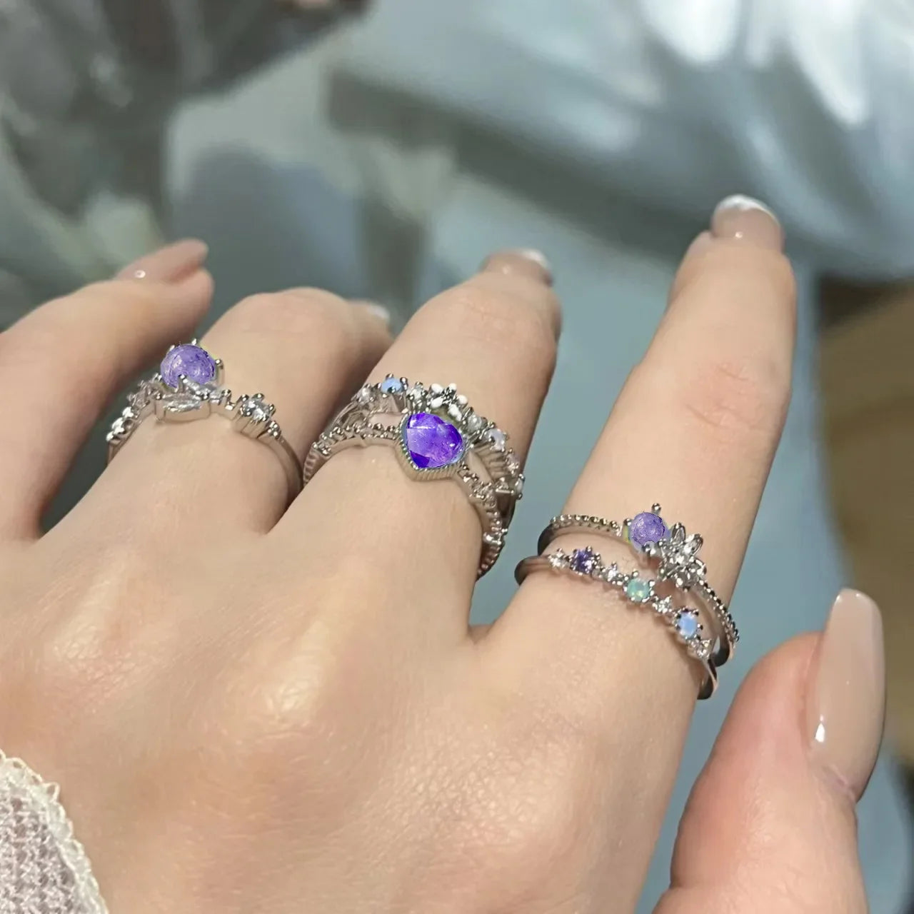 3PCS Trendy Y2k Herz-förmigen Zirkon Rosa Kristall Ringe Frauen Elegante Exquisite Shiny Offenen Kristall Ring Mädchen Partei schmuck Geschenke
