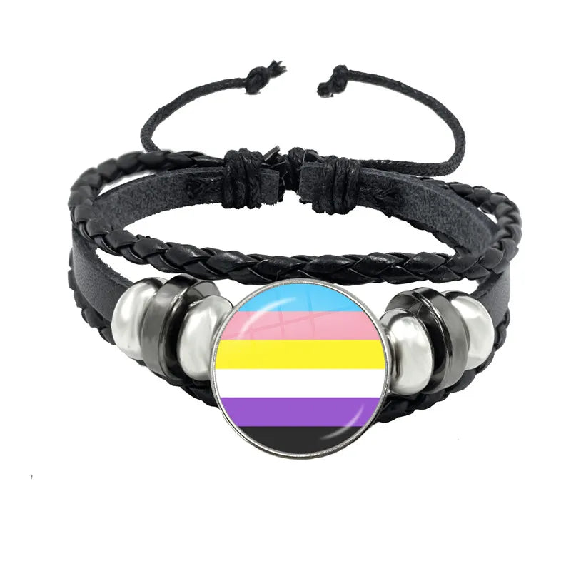 LGBT Schwarz Weave Leder Armband Bi Stolz Glas Cabochon Homosexuell Stolz Regenbogen Flagge Foto Armreif Schmuck Für Frauen Männer Liebhaber geschenk