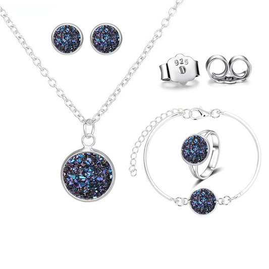 Luxuriöses Quartz-Strass-Schmuckset für Frauen, einfache runde Ohrringe, Halsketten-Set, Brautschmuck, 4-teilig, versilberter Schmuck