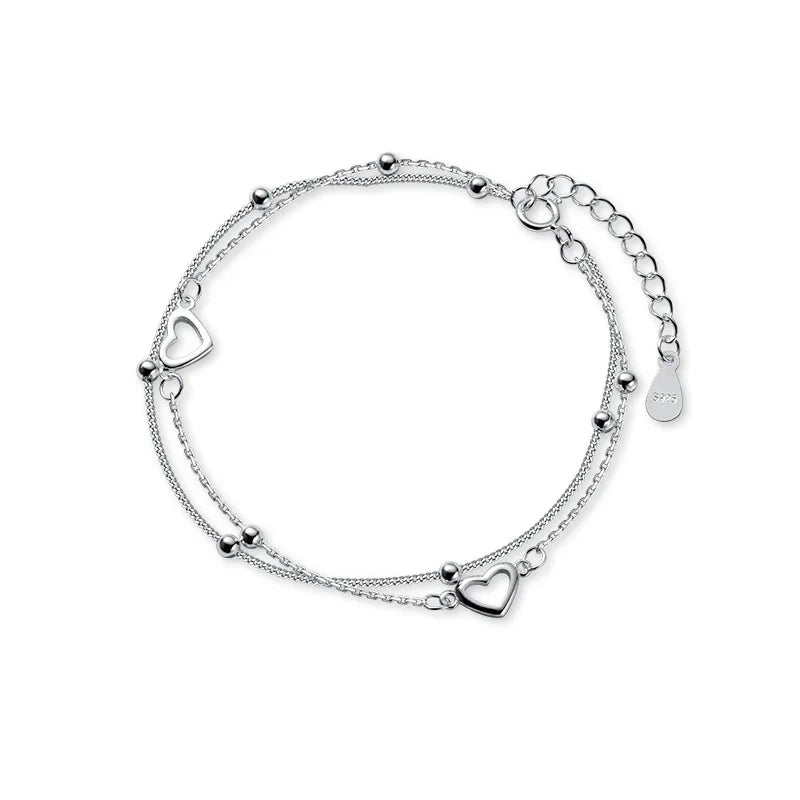 Silbernes doppellagiges Liebesherz-Armband mit hohlen runden Perlen für Frauen und Mädchen, modischer romantischer Schmuck, klassische verstellbare Geschenke
