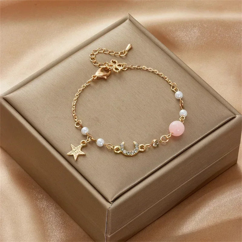 Mode Frauen Edelstahl Stern Mond Perle Einfache Kristall Zirkon Armband Armband Anhänger Schmuck Mädchen Party Party Geschenk