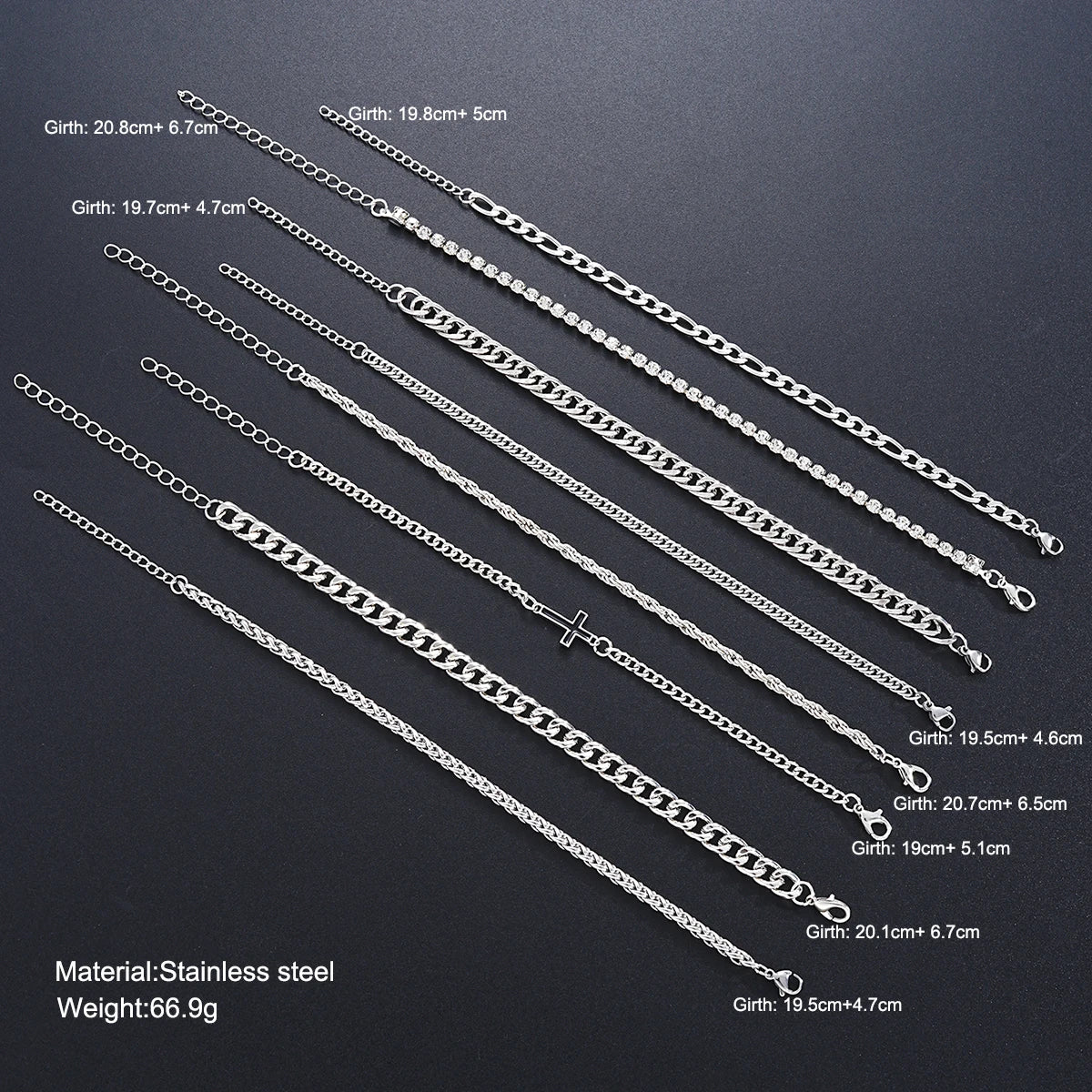 8Pcs Edelstahl Kreuz Kubanischen Armbänder Für Männer Frauen Punk Silber Farbe Kristall Twist Kette Armband Täglichen Verschleiß Mode