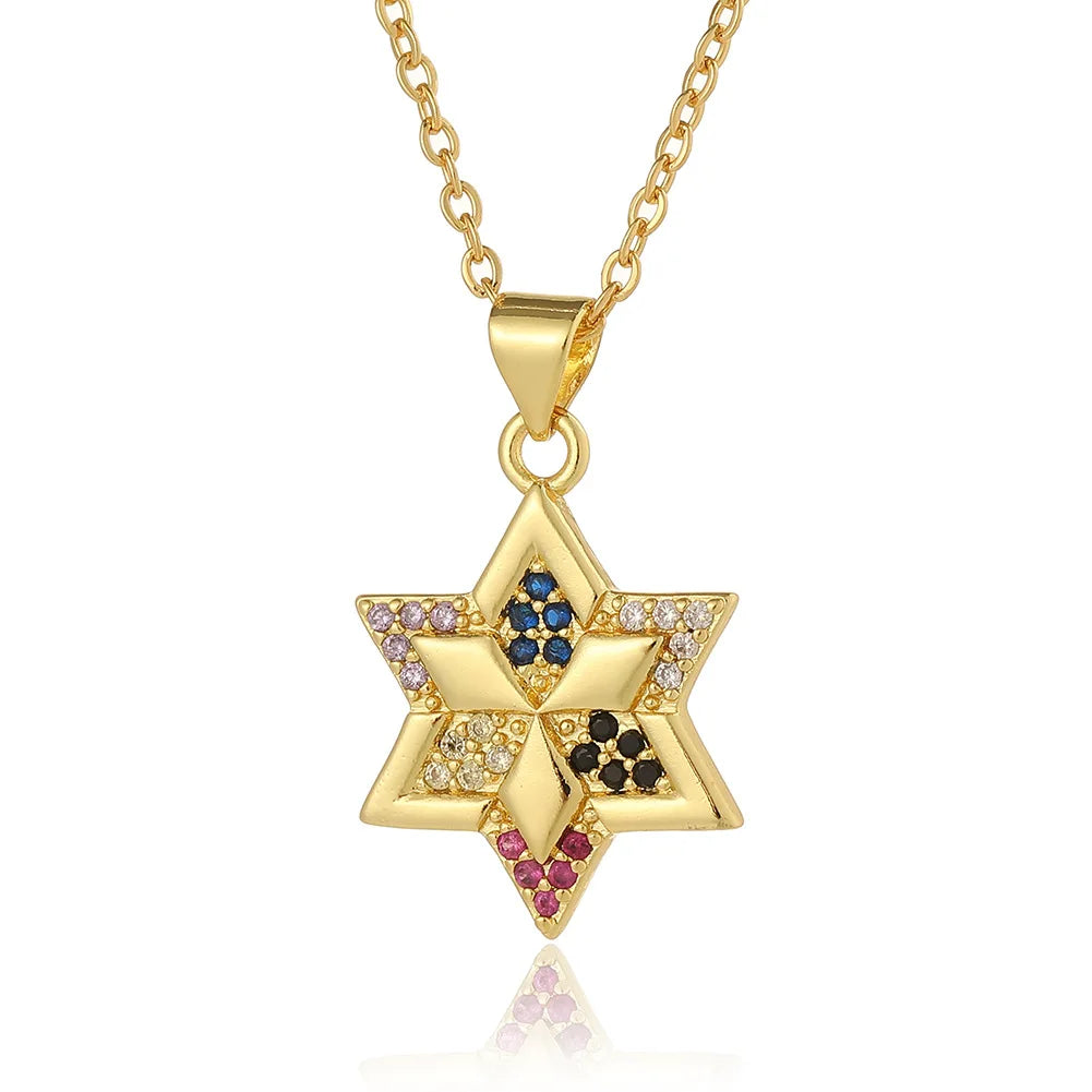 Kubischer Zirkonia-Kristall, jüdischer Davidstern, Anhänger, Kette, Halskette für Damen, vergoldetes Messing, CZ-Steine, Salomosiegel, Schmuck