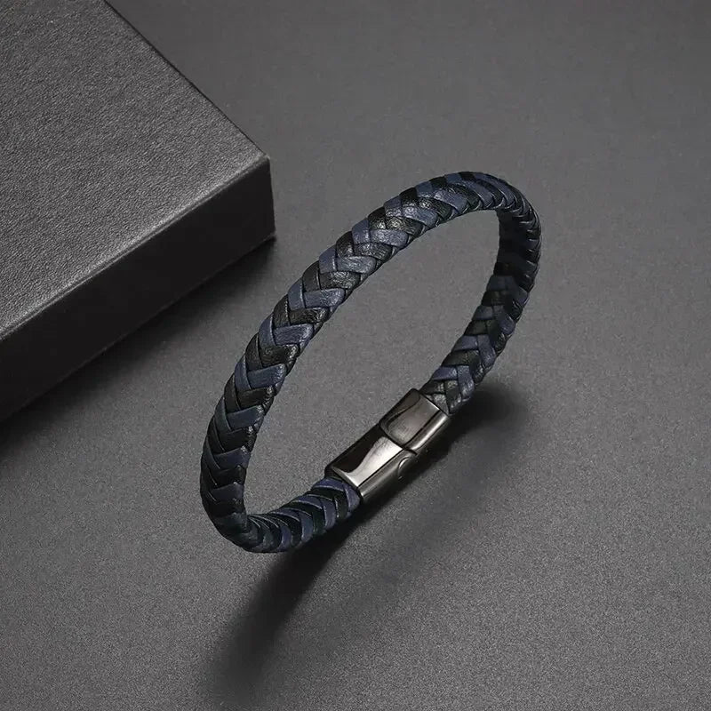 Klassisches einlagiges schwarzes handgewebtes Lederarmband mit Metall-Magnetverschluss, Herrenmode, Business-Schmuck, Geschenk