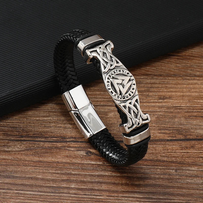 Vintage Wikinger gewebtes Lederarmband nordischer keltischer Knoten Valknut Symbol magnetischer Armreif für Herrenschmuck