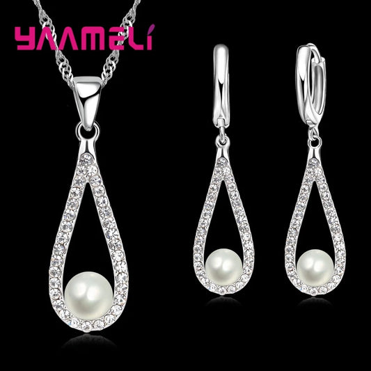 Reine 925 Sterling Silber Shiny CZ Kristall Wasser Tropfen Perle Halsketten Anhänger Kette Ohrringe Frau Feine Hochzeit Schmuck Set Geschenk