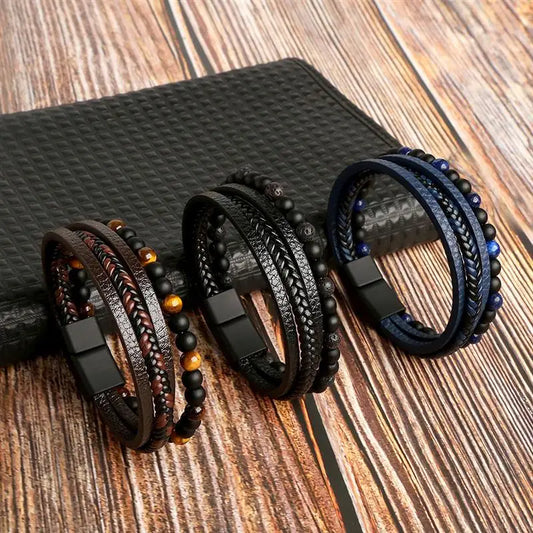 Jiayiqi Leder Armband Männer Punk Hip Hop Metall Charme Tigerauge Stein Perlen Multi-Schicht Armband Für Männer Mode schmuck Geschenk