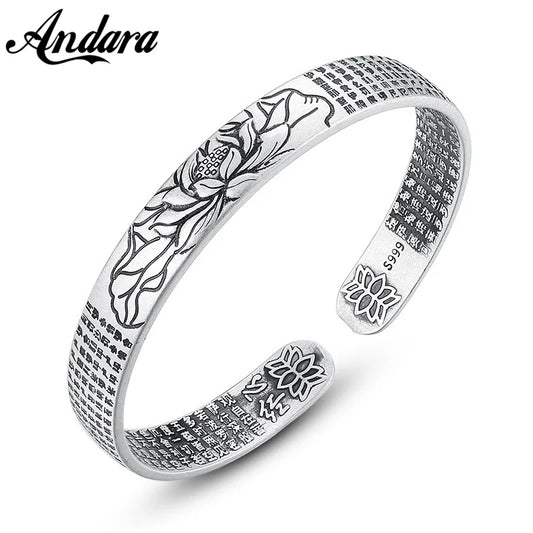 Vintage Silber Sterling Silber Armband großes Mitgefühl Mantra Lotus Herz Sutra Sutra Glück Armband Männer Frauen Schmuck