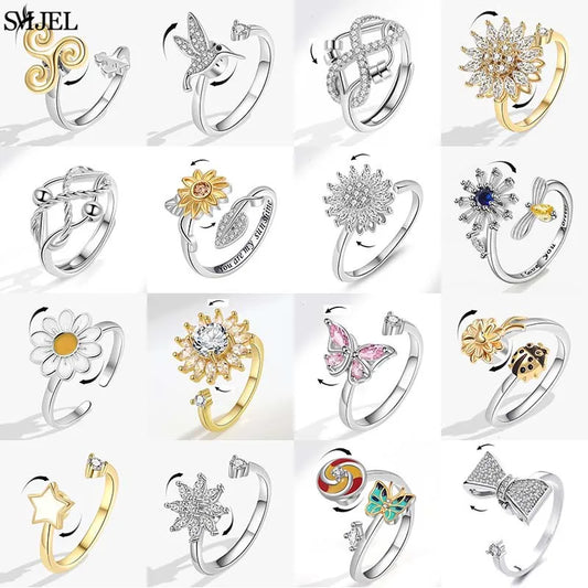 Neue Sonnenblume Angst Ring Fidget Spinner Ringe für Frauen Nette Schmetterling Kolibri Charms Finger Ring Anti Stress Drehen Geschenke