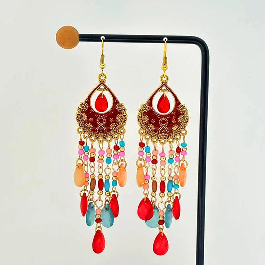 Bohemian Lange Bunte Quaste Perlen Wasser Tropfen Baumeln Ohrringe Für Frauen Vintage Gold Farbe Tropfen Glasur Ohrringe Pendientes Mujer