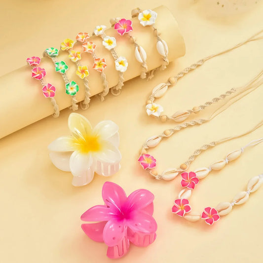 Mehrfarbiges handgewebtes Muschelarmband-Halsketten-Set im Strandurlaubsstil, weicher Keramikschmuck mit böhmischem Ei-Blumen-Design