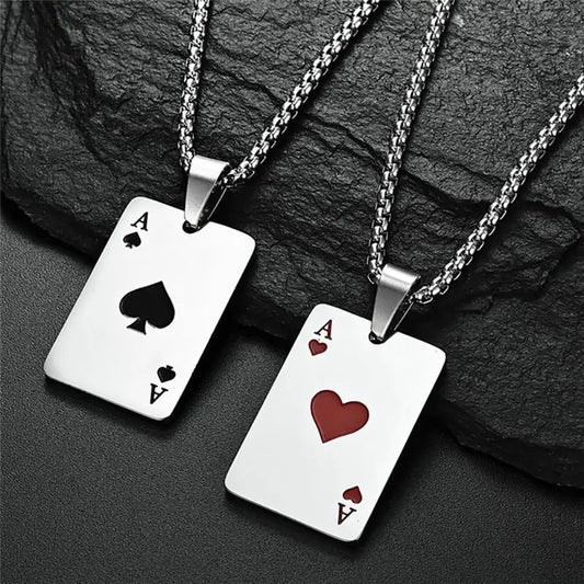 2 Stück Set Hip Hop Statement Edelstahl Poker Karte Ass Spaten Halskette für Frauen Männer Anhänger Kette Spielkarten Schmuck