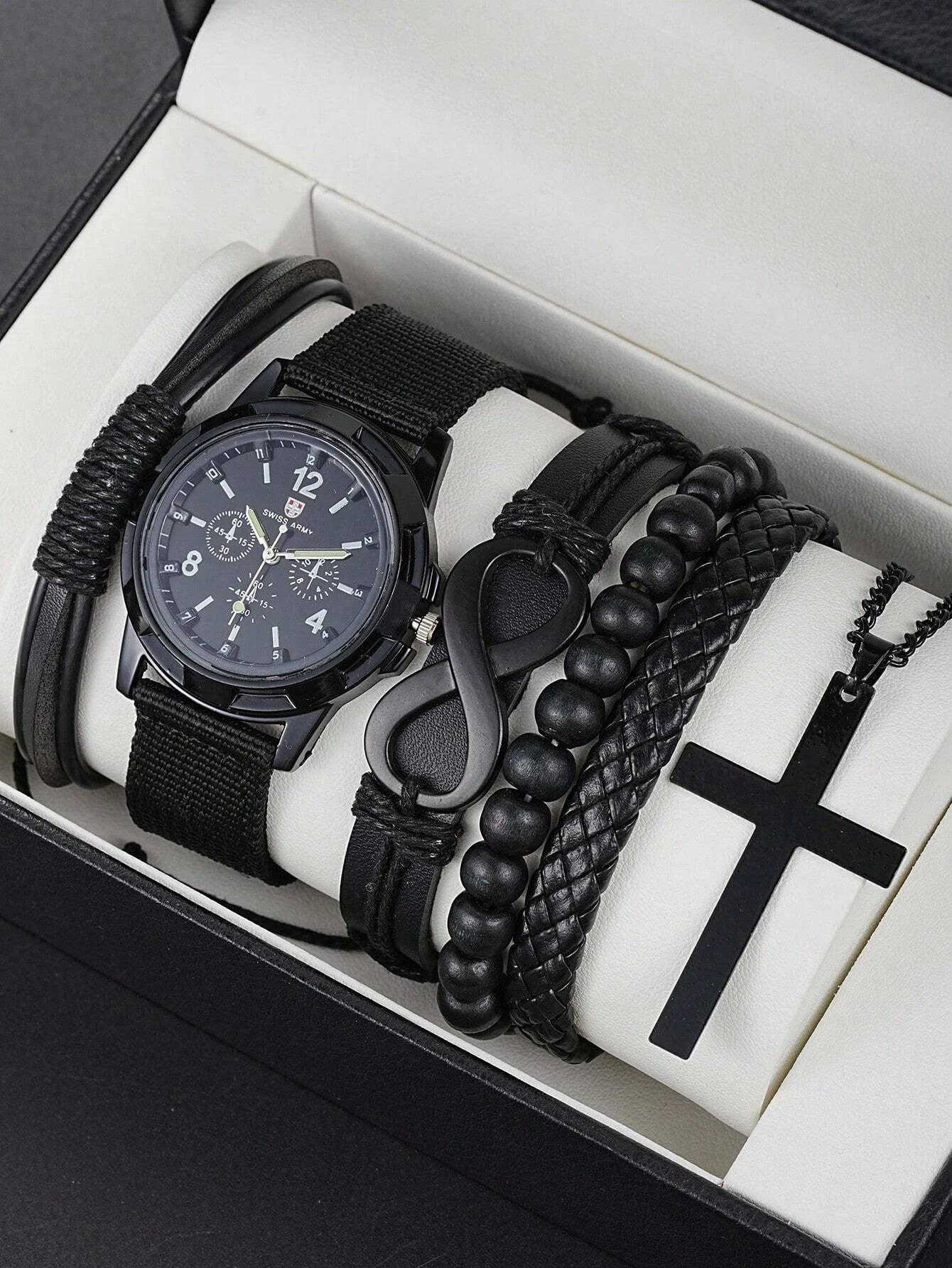 6pcs_Set Modisches Perlenarmband aus Pu-Leder in '8-Form mit mechanischer Uhr, Kreuz-Anhänger-Halskette für Herren, schwarz gefärbt