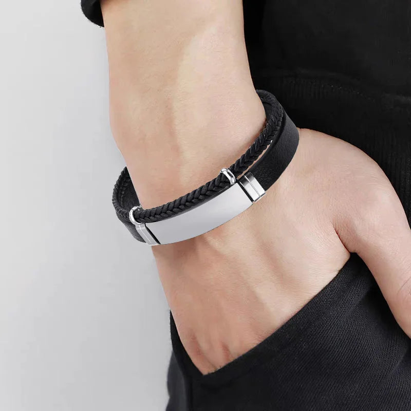 Homme Edelstahl Armband Doppel Schicht Twist Geflecht Leder Seil Armbänder Für Männer Hiphop Rock Mode Schmuck Zubehör
