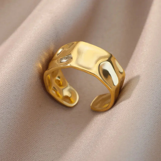 Licht Luxus Edelstahl Unregelmäßige Geometrische Offene Ringe Frauen Gold Farbe Textur Paar Hochzeit Ring Trendy Elegante Schmuck