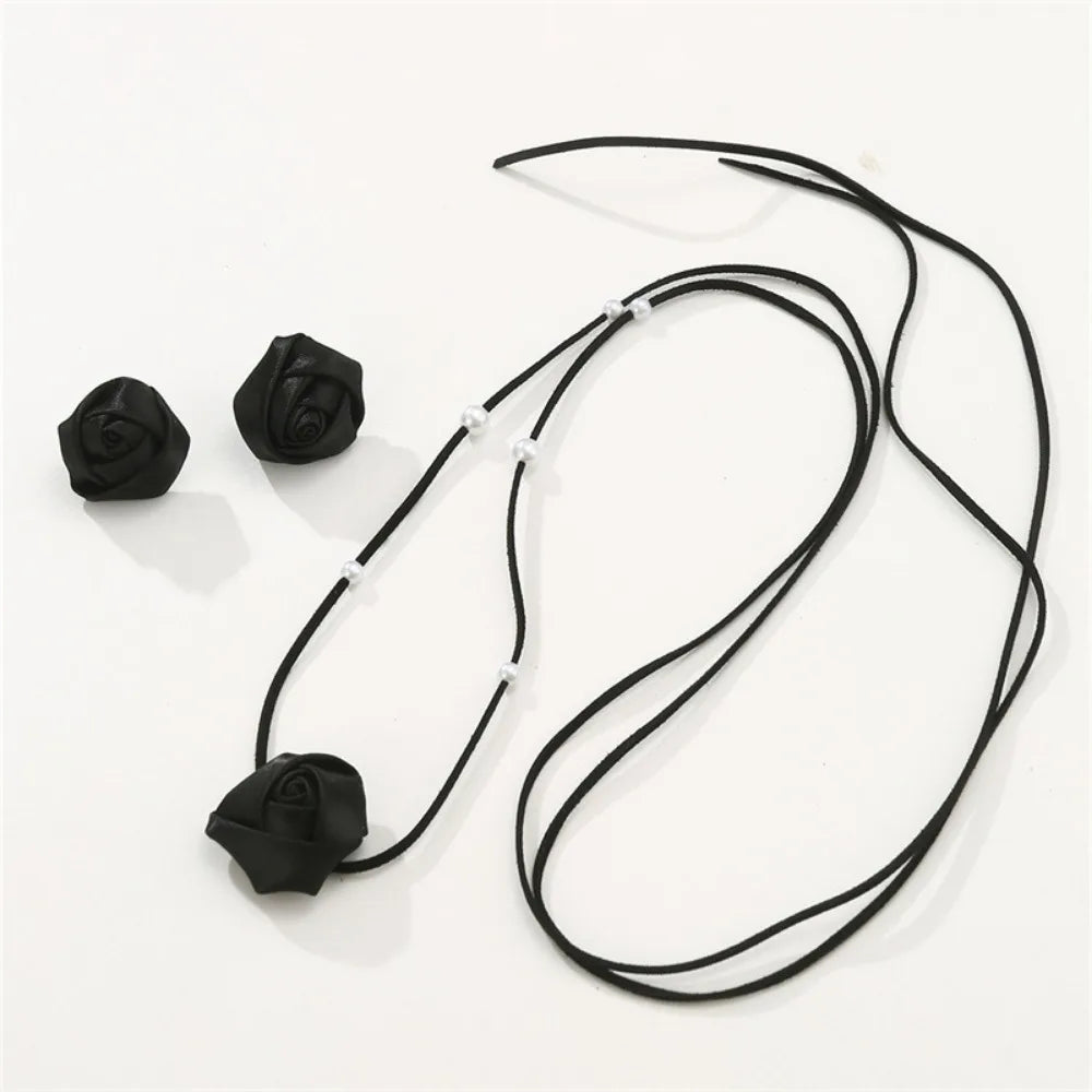 2-teiliges Denim-Kamelien-Perlen-Krawatten-Halsketten-Ohrring-Set für Damen, Modeschmuck, Geschenk