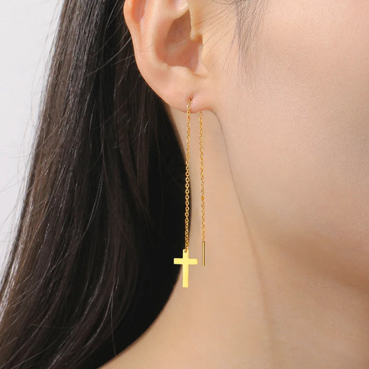 Cazador Kreuz Lange Quaste Ohrringe für Frauen Edelstahl Schmuck Christian Ohrringe Jesus Valentinstag Geschenk Großhandel