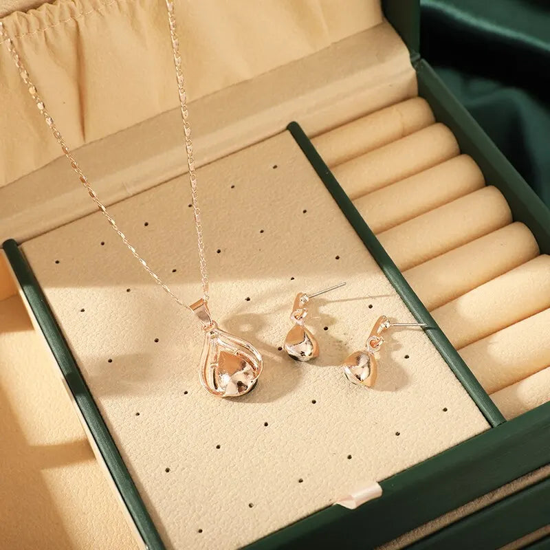 3 Stück rosé goldfarbene Halskette Ohrringe grüne Kristallglas legierung Anhänger einfache Mode Stil Schmuck Set