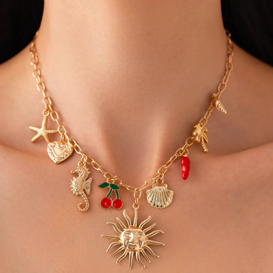 Salircon Sonne Seestern Jakobsmuschel Anhänger Halskette für Frauen Vintage Conch Sommer Strand Feiertage Gold Farbe Kette Schmuck Geschenk