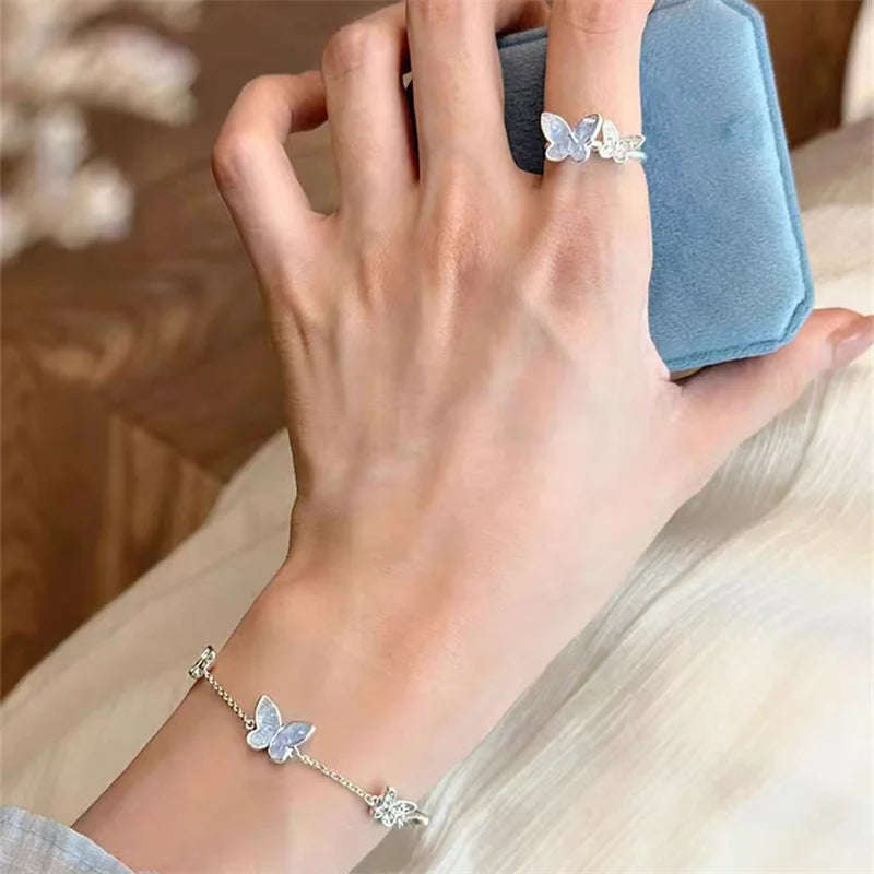 Mode Silber Farbe Kristall Schmetterling Schmuck Set Einstellbare Armband Ohrringe Halskette Ring für Frauen Handgemachte Neue Jahr Geschenk
