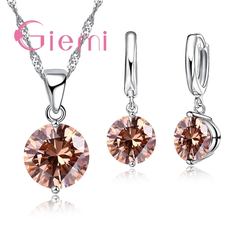 Heißer Verkauf, beliebt, klassisch, rund, 925er Silber, Hochzeit, Verlobung, Schmuck-Sets für Frauen, Anhänger, Halskette, Creolen