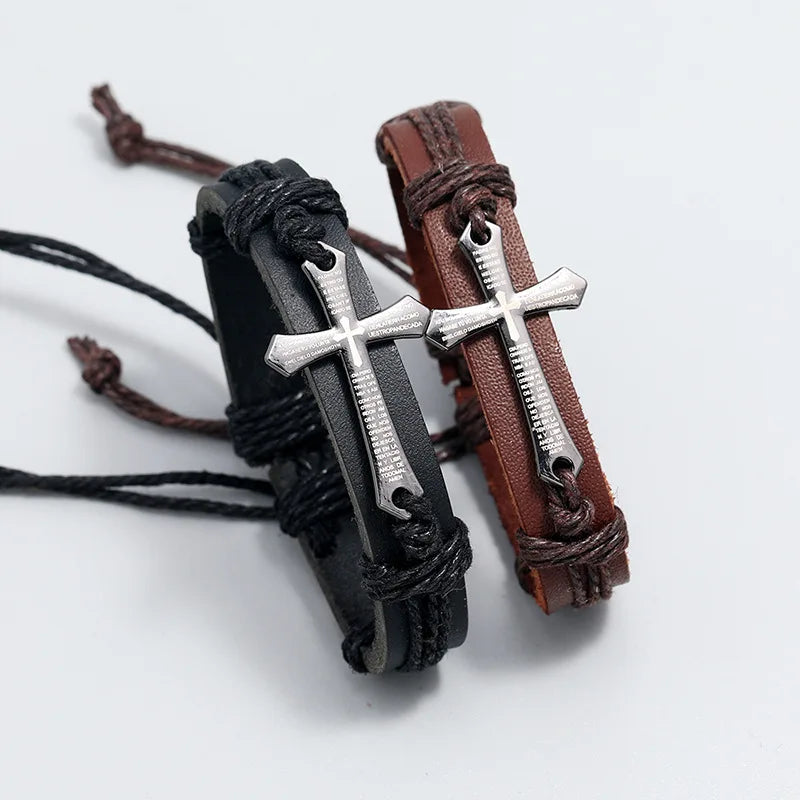 Retro Punk Metall Kreuz Bibel Armband Handgewebtes Rindsleder Verstellbares Armband Christliches Zubehör Unisex Schmuck Geschenk