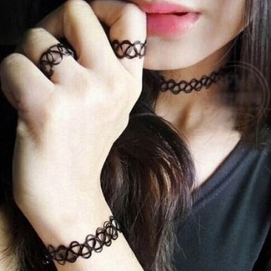 3-teiliges Tattoo-Armband-Ring-Halsketten-Set, 90er-Jahre-Accessoires, Damen, Teenager, Mädchen, Kinder, lebendiger Sommer-Stil,
