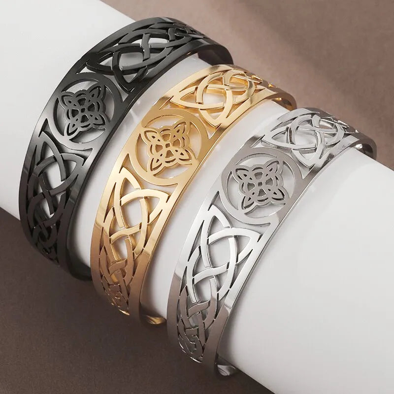 Hexenknoten-Manschettenarmband aus Edelstahl, heidnisches Hexerei-Symbol, magischer Knoten, viel Glück, Amulett, Armreifen, keltischer Knoten, Schmuck