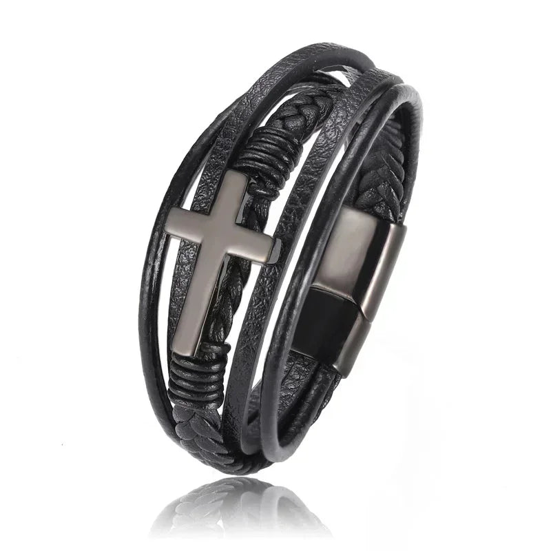 Klassisches einlagiges schwarzes handgewebtes Lederarmband mit Metall-Magnetverschluss, Herrenmode, Business-Schmuck, Geschenk