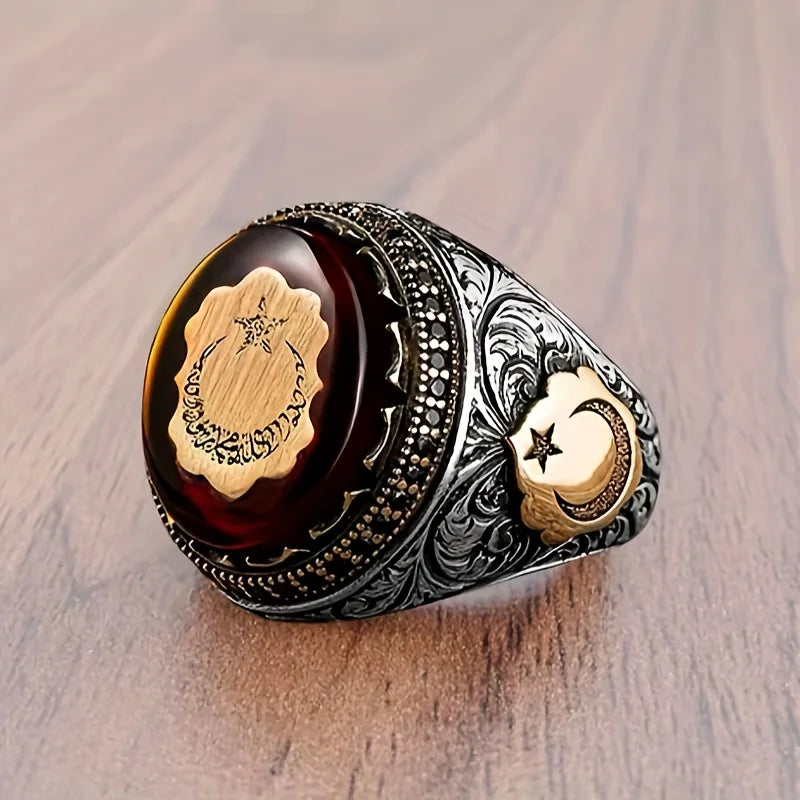 Retro Türkische Handgemachte Männer Ringe Vintage Geschnitzte Sterne Mond Muster Rot Zirkon Ringe Rock Punk Islamischen Muslimischen Hochzeit Schmuck