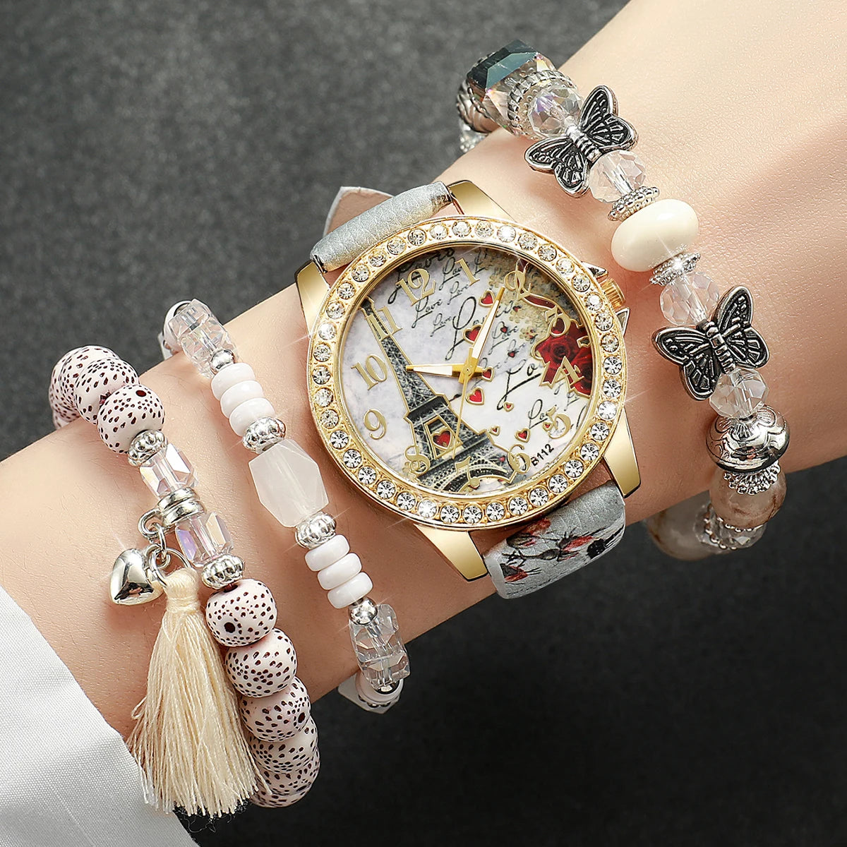 3/4/5PCS Mode Strass frauen Uhr Blumen Gedruckt Leder Band Weibliche Quarz Uhren Armbänder Set (ohne Box)