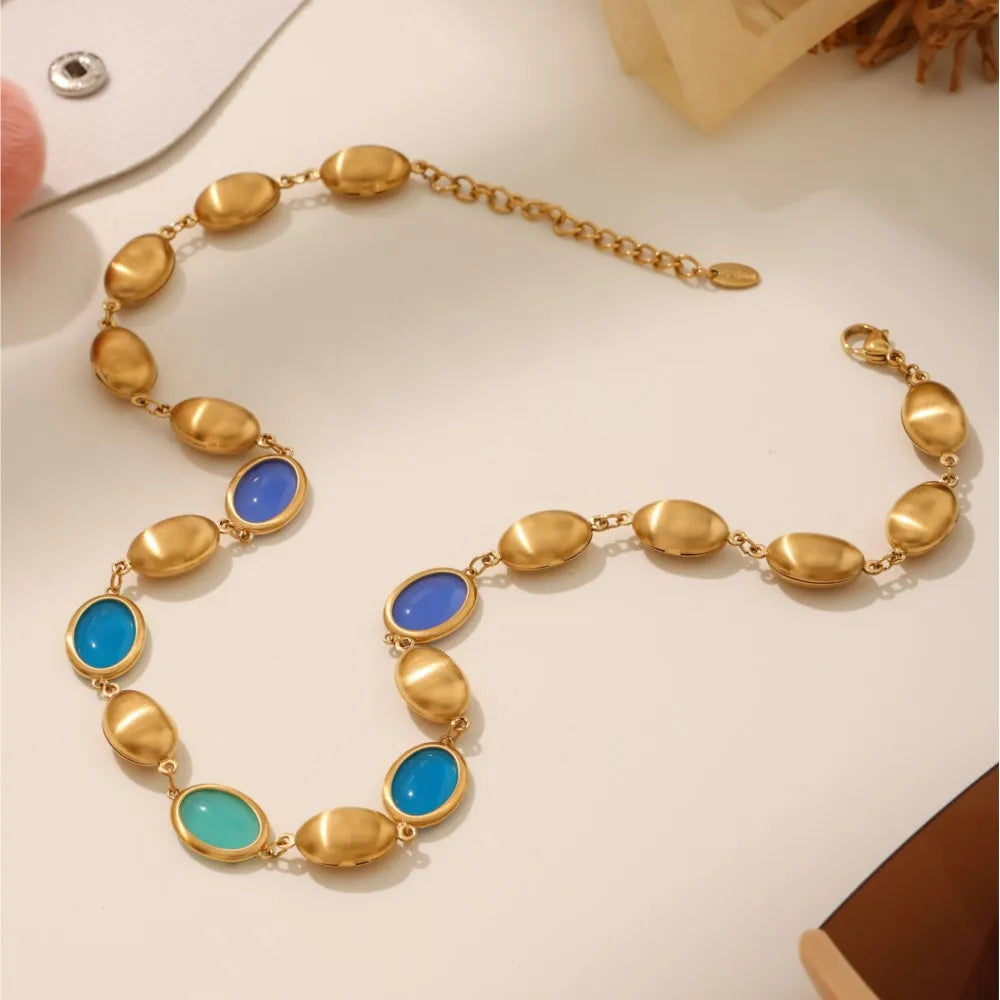 Mehrfarbige Opal-Halskette, Armband, Ohrringe für Damen, 18 Karat vergoldeter Edelstahl, Damen-Halsketten, Armbänder, Ohrringe-Set