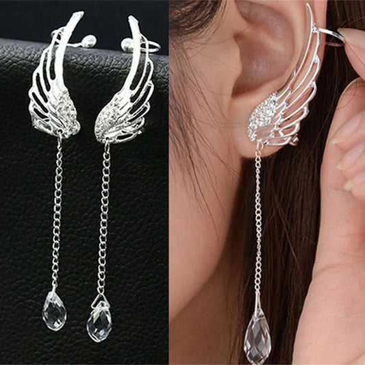 Engelsflügel-Kristall-Ohrringe, versilbert, baumelnde Ohrstecker für Frauen, lange Manschettenohrringe, Böhmen-Quasten-Ohrschmuck