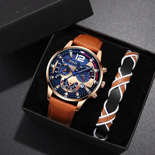 2 Stück Set Mode Herren Kalender Uhren Luxus männlich Business lässig braun Leder Quarzuhr Männer Armband Armbanduhr
