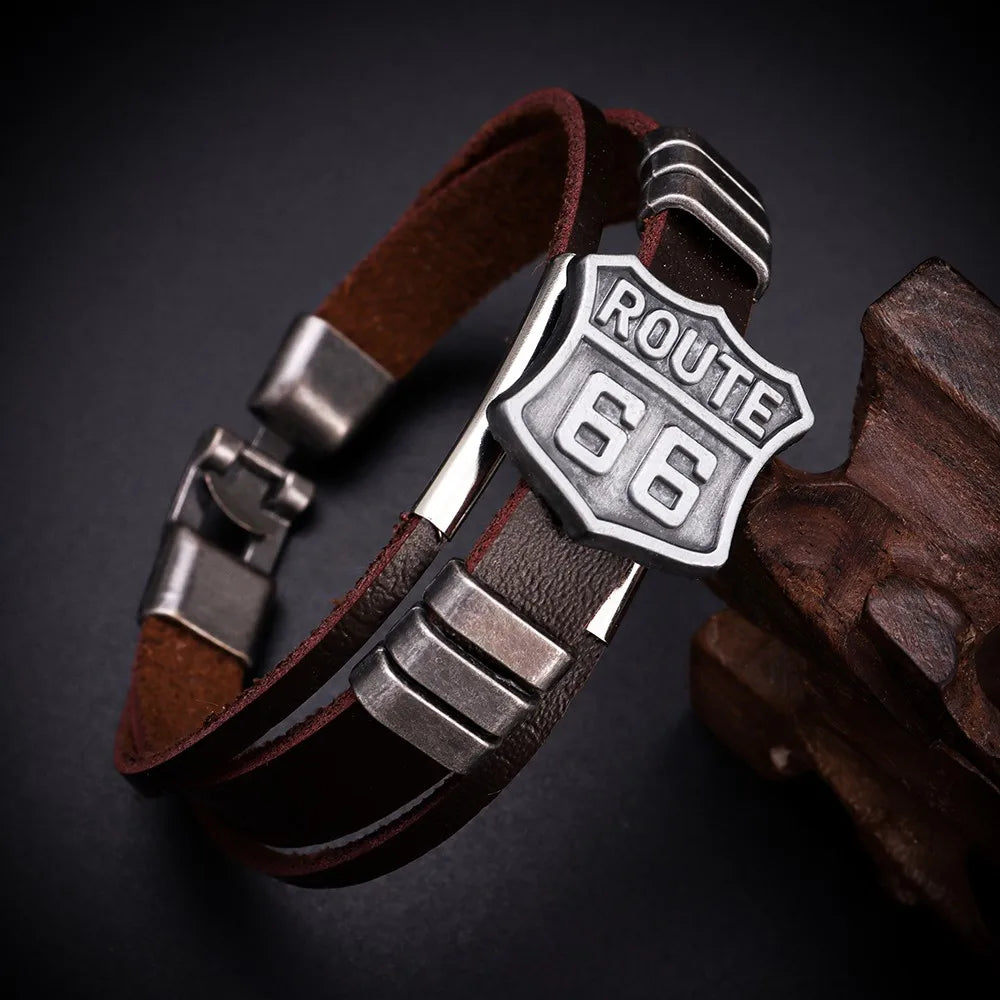 Neues trendiges amerikanisches Route 66-Armband mit bedrucktem Muster, Herrenarmband, Metall, mehrschichtiges Lederarmband, Zubehör, Party-Schmuck